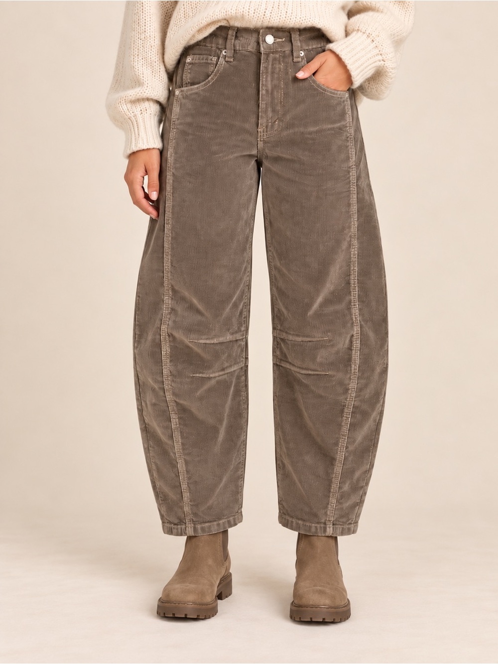 Aaron & Amber Barrel Leg Corduroy Pants S Taupe Utility Workwear